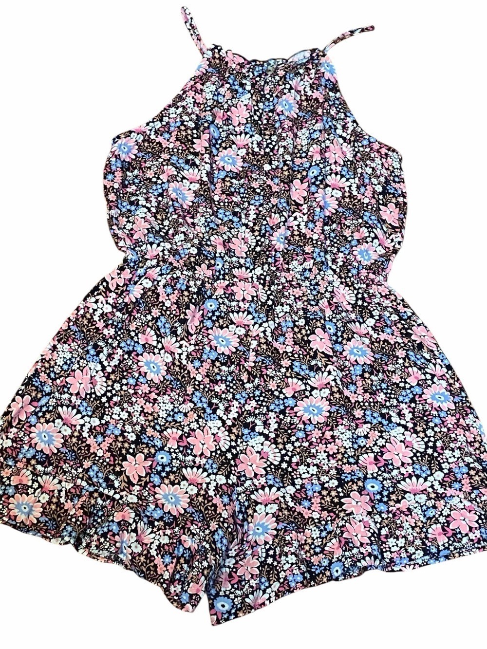 SO Girls Floral Romper Black Pink Blue Daisy Spaghetti Strap Size XL 14 16